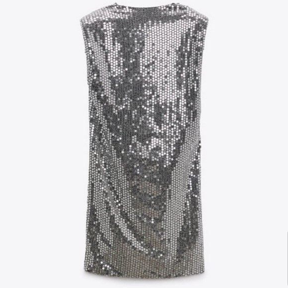 NWT ZARA Draped Silver Sequin Dress (Size Medium, P2P 19 in.) - Picture 5 of 8